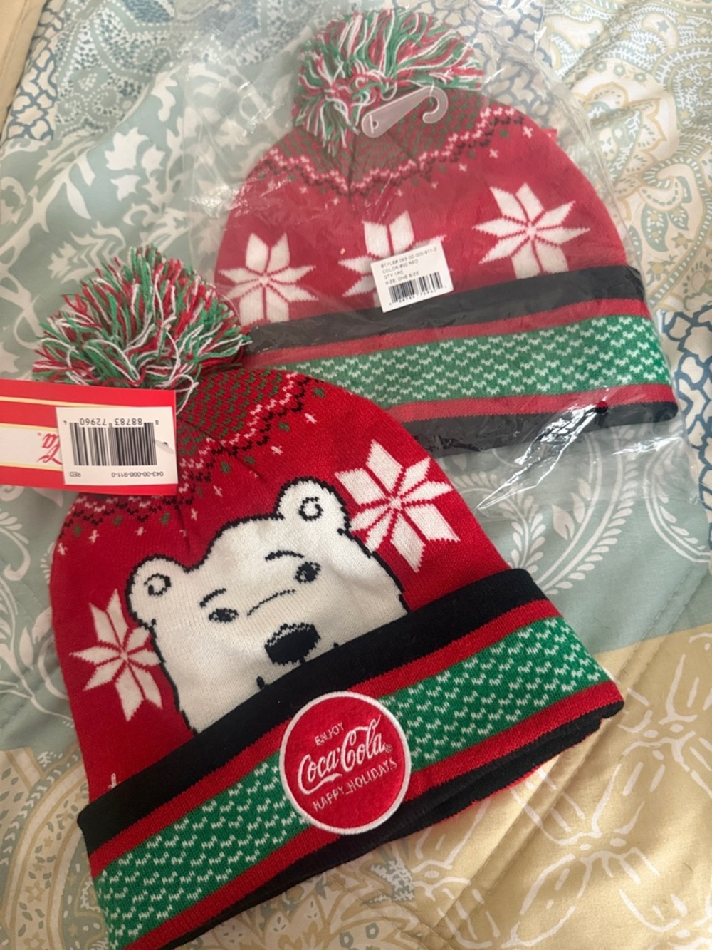 Coca Cola Red & Green Kids Polar Bear Pom-Pom Beanie